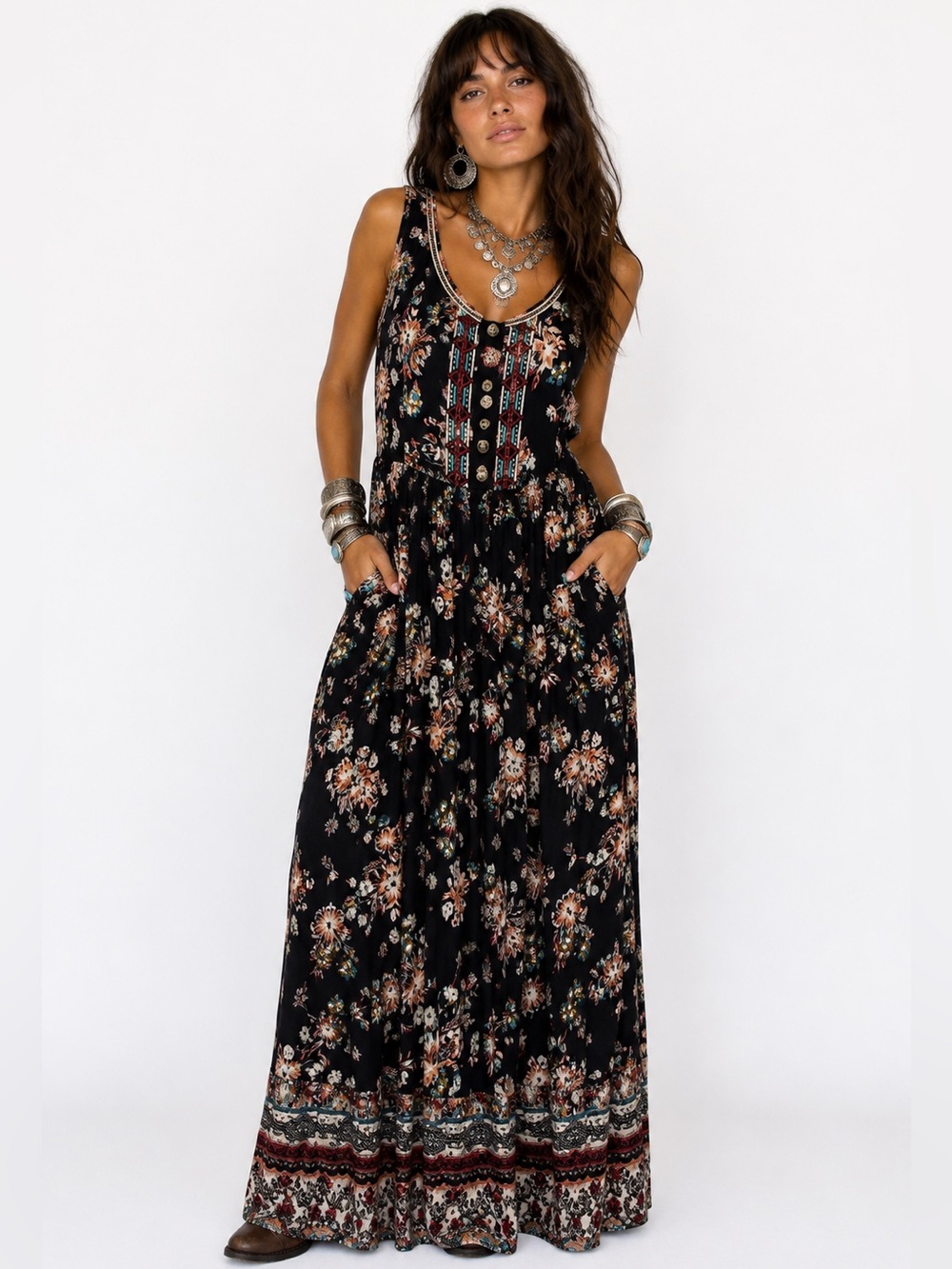 Kate & Sam Floral Maxi Dress with Embroidered Panel